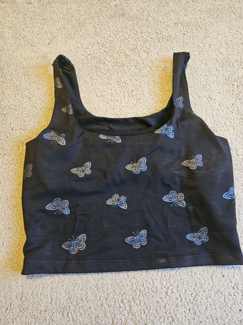 Beyond Yoga Black Crop Tank with Butterfly Print